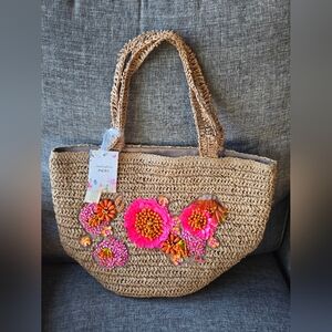 Handcrafted Straw Tote Bag with Pink & Orange Floral Embellishments NEW W TAGS!
